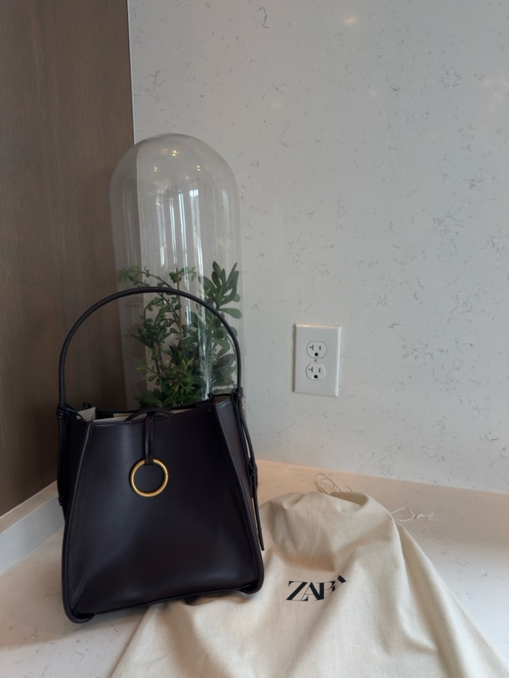 Zara Black Structured Shoulder Bag with Gold Ring Accent